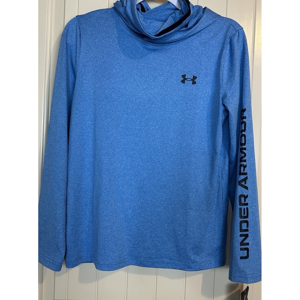 NWT Under Armour Lightweight Blue Long Sleeve hooded shirt with facemask Y XL